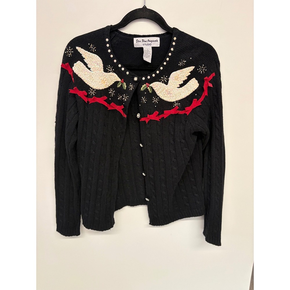 Vintage Coquette Cottagecore Cardigan Dove Sequin Blue Originals Women L Black